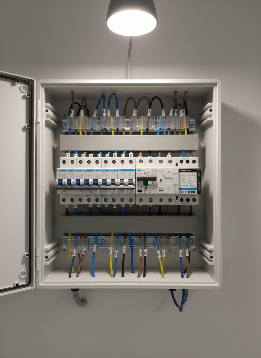 A detailed close-up inside a modern residential electrical distribution board in Poznań, captured with photographic realism. The open white plastic enclosure reveals an orderly layout of modular circuit breakers, residual current devices, and a compact surge protector, all aligned perfectly on metal rails. Multi-colored wires follow carefully bent paths with numbered ferrules and tidy cable combs, demonstrating engineering discipline. Neutral, diffused workshop lighting from above creates clear visibility with soft shadows between components. The background is slightly blurred, hinting at a freshly plastered wall. Shot straight-on for a technical, documentation-like composition. The atmosphere is calm, precise, and confident, underlining safety, compliance, and premium workmanship in home electrical installations.