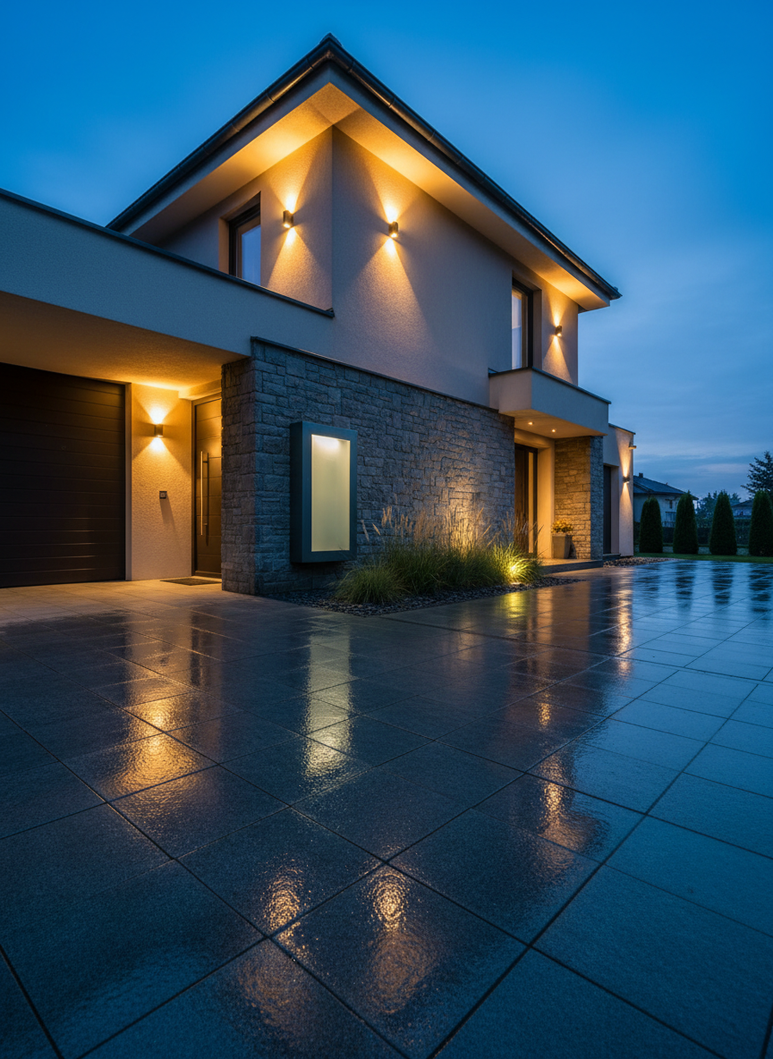 A high-end single-family house facade at dusk in Poznań, showcasing expertly designed exterior electrical installations. Discreet, modern wall-mounted LED luminaires cast precise beams of warm white light across smooth plaster and natural stone cladding, emphasizing architectural lines. A sleek, weatherproof electrical distribution box with a clean, minimalist design is integrated near the side entrance, barely noticeable yet clearly robust and professional. The sky glows deep blue, and wet paving stones subtly reflect the lights. Photographic realism, shot from a slightly low angle with wide depth of field. The mood is secure, elegant, and technologically advanced, highlighting how premium electrical installations enhance both safety and aesthetics.