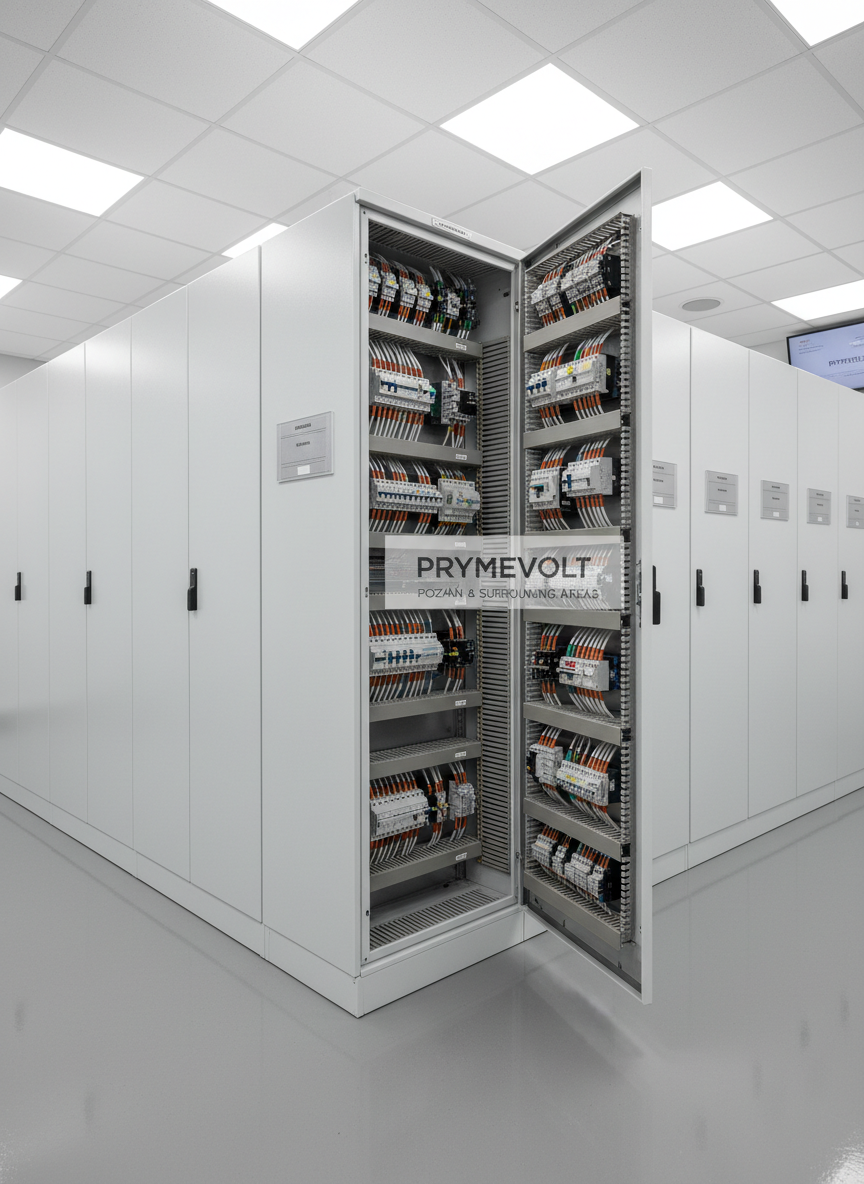 An immaculate industrial electrical control room featuring multiple tall, white metal switchgear cabinets arranged in a precise row along a polished epoxy floor. Each cabinet door is closed except one, revealing an interior with perfectly bundled cables, DIN-rail mounted devices, and clearly printed labels. Overhead LED panels provide bright, neutral lighting with no harsh contrast, illuminating every detail and casting clean, linear reflections on the floor. Photographic realism with a slightly wide-angle perspective from one corner of the room, emphasizing depth and order. The mood is highly professional, engineered, and trustworthy, showcasing PRYMEVOLT-level precision for commercial and industrial electrical installations in Poznań and surrounding areas.