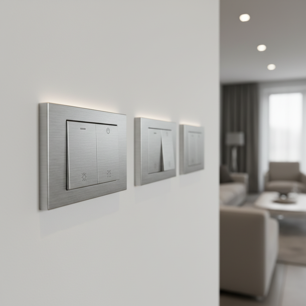 A close-up of a luxurious apartment’s electrical installation detail: a row of premium, brushed-aluminum light switches and sockets precisely aligned on a flawless matte white wall. Fine textures of the metal plates and laser-etched icons are clearly visible, with perfectly flush mounting and no visible screws. Soft, warm ambient lighting from recessed ceiling LEDs creates gentle highlights along the switch edges and faint shadows beneath. The background falls into a subtle bokeh, hinting at a modern interior with minimalist furniture. Photographic realism, captured from a slightly angled side view following the rule of thirds, conveys a refined, high-end, and meticulously engineered electrical solution for discerning clients in Poznań.