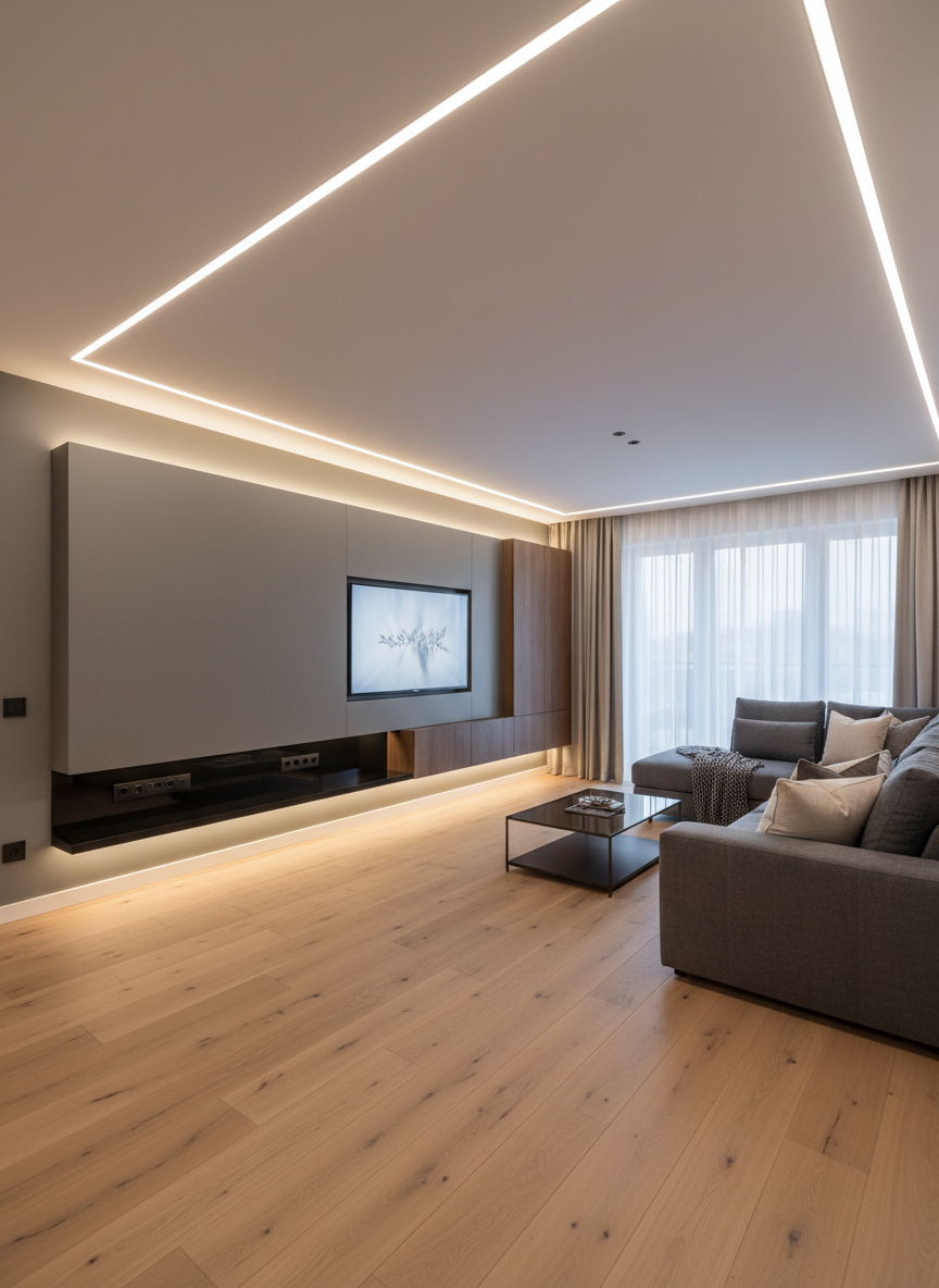 A stylish, modern living room in a new Poznań apartment, subtly emphasizing premium electrical installation. Discreet linear LED strips highlight the ceiling perimeter, creating an elegant halo of warm white light. A minimalist media wall features a flush-mounted black glass socket row and concealed cable channels, with no visible clutter. The room has a large matte-grey wall, light oak flooring, and a dark built-in cabinet. Evening ambient lighting from the LEDs and a concealed floor uplight produces soft gradients and gentle shadows. Photographic realism, shot from an eye-level corner perspective with a wide field of view. The mood is cozy yet high-tech, illustrating how thoughtful electrical design enhances everyday comfort and aesthetics.