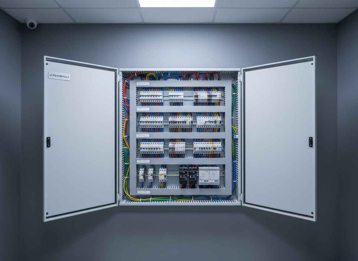 A meticulously organized premium electrical switchboard mounted on a smooth graphite-grey wall in a modern technical room. The metal enclosure has a matte white finish with a discreet PRYMEVOLT-style branding plate, doors open to reveal neatly routed color-coded cables, precision-labeled breakers, and top-tier surge protection devices. Cool, even LED panel lighting from the ceiling bathes the scene, creating soft reflections on the metal surfaces and subtle shadows inside the cabinet. Shot at eye level with sharp focus throughout, the photographic realism emphasizes engineering precision, safety, and order. The composition is clean and symmetrical, with a calm, professional atmosphere that conveys reliability and high-end electrical installation quality.