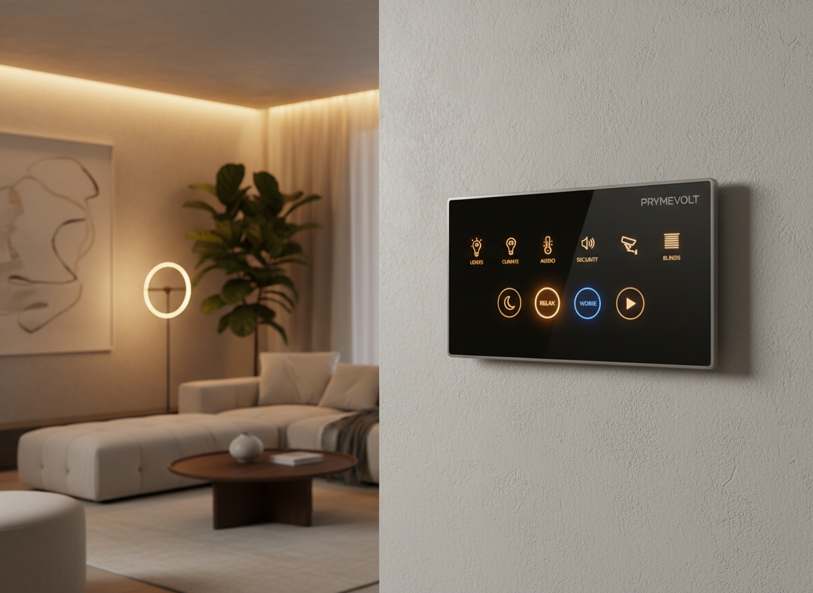 Nowoczesny panel sterowania Smart Home z podświetlanymi ikonami i sceną inteligentnego oświetlenia w salonie PRYMEVOLT – minimalistyczne wnętrze, ciepłe światło, elegancki panel ścienny.